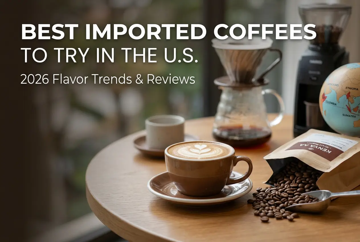 Setup de café com latte artístico e pacote de café Kenya AA, 2026