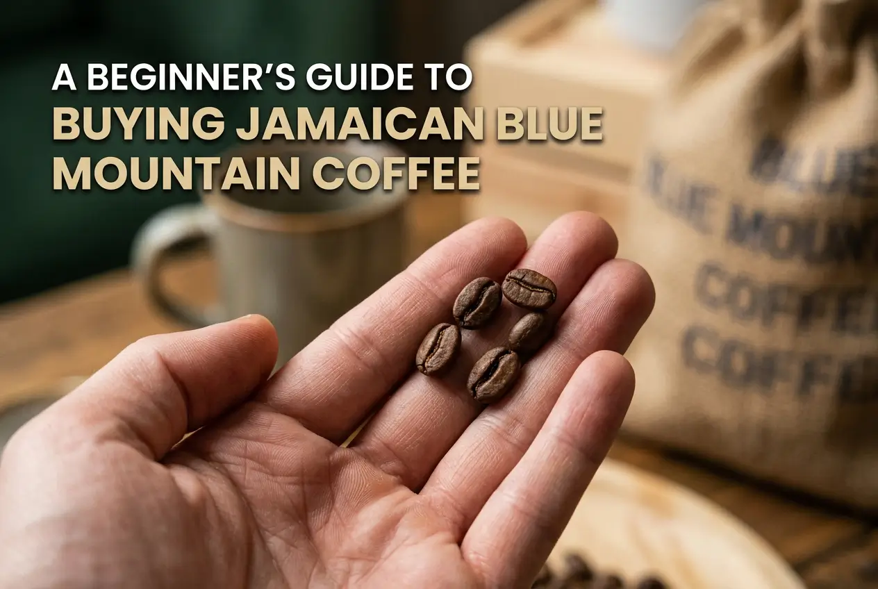 Grãos de café Blue Mountain na mão e caneca ao fundo