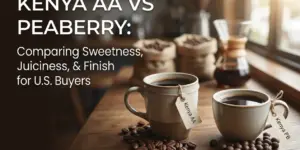 Xícaras de café 'Kenya AA' e 'Kenya PB' em mesa de madeira.