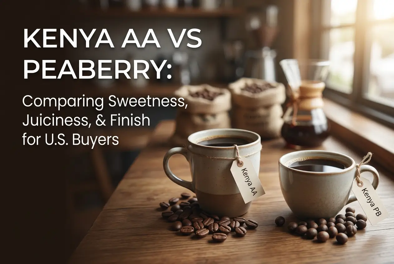 Xícaras de café 'Kenya AA' e 'Kenya PB' em mesa de madeira.