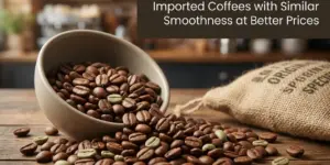 Bowl de madeira com grãos de café torrados e verdes em fundo rústico