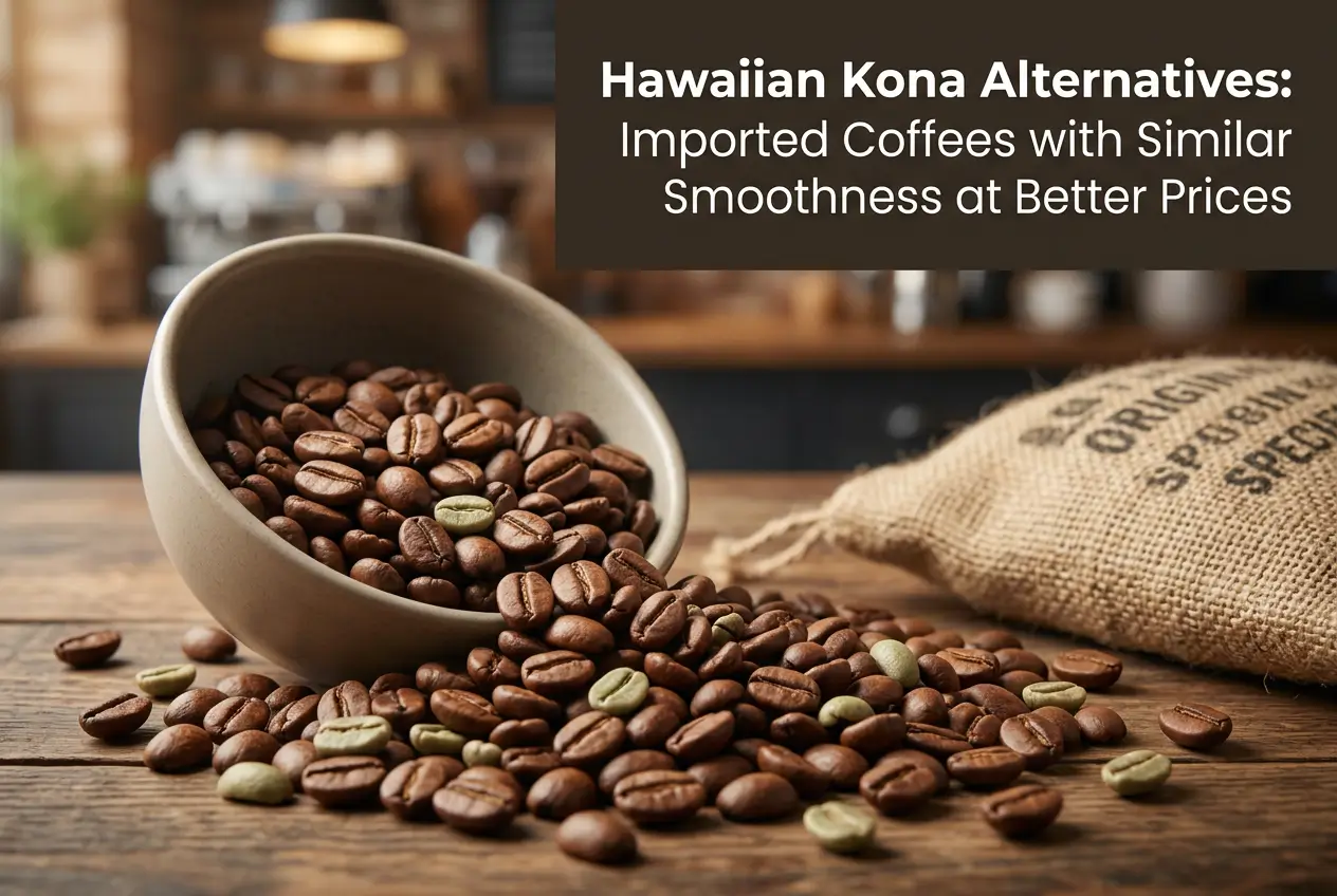 Bowl de madeira com grãos de café torrados e verdes em fundo rústico