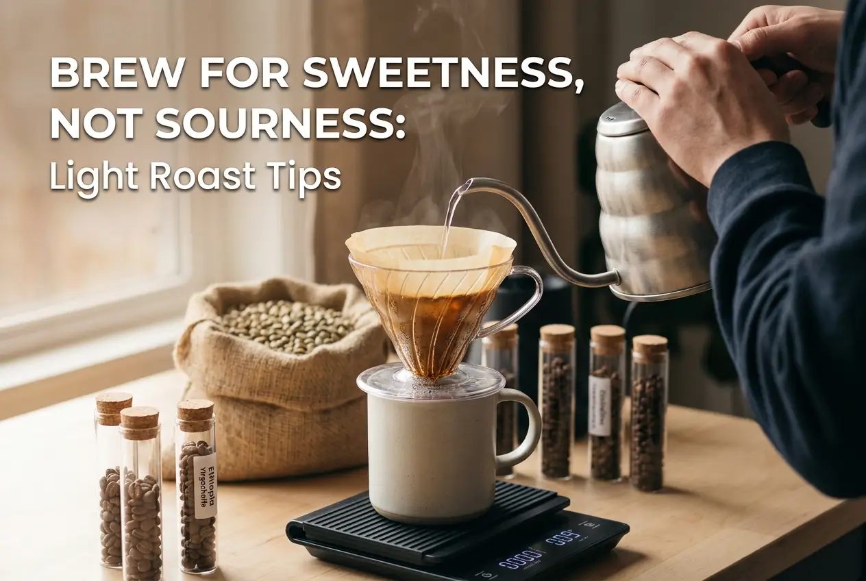 Pessoa filtrando café usando método pour-over, grãos de café ao lado