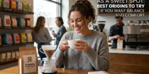 Mulher sorridente em café com Chemex e café etíope