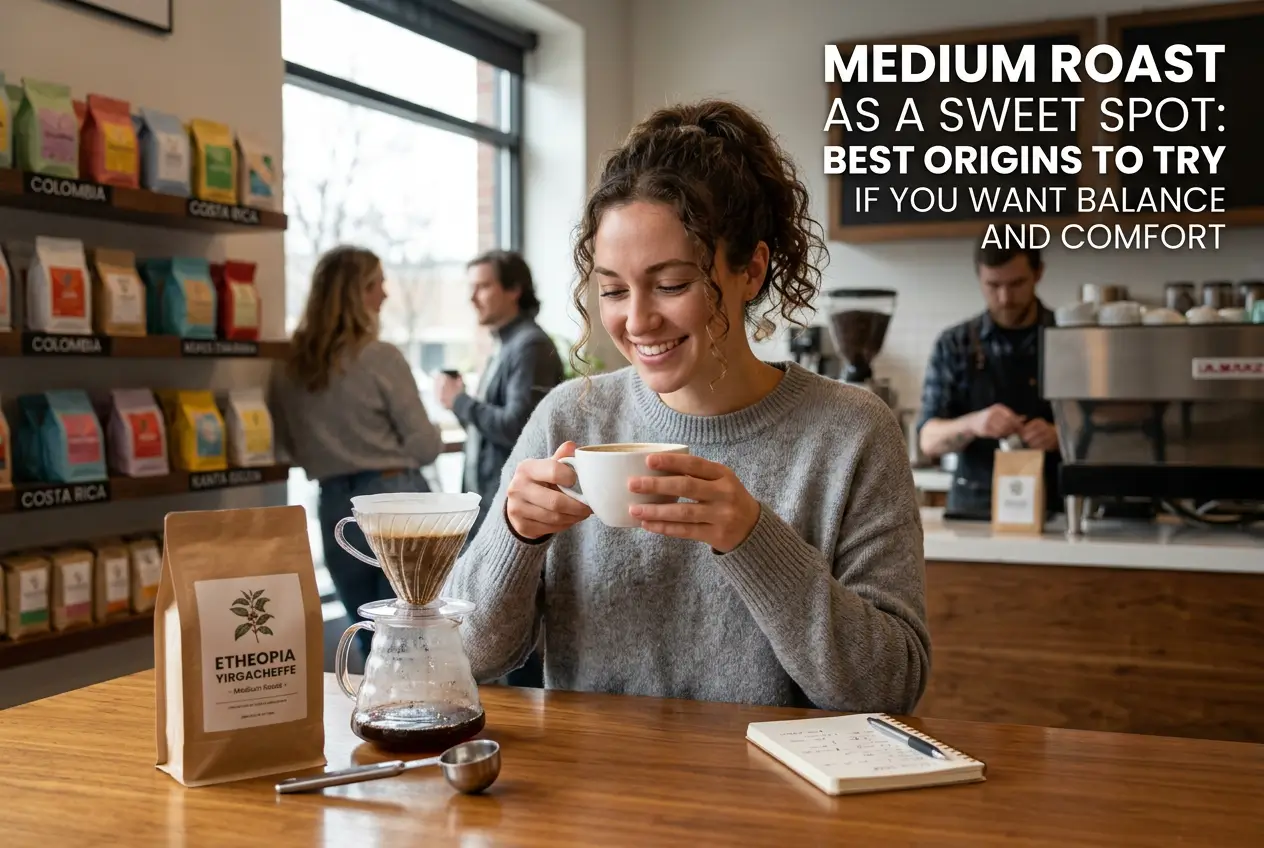Mulher sorridente em café com Chemex e café etíope