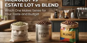 Grãos de café em um saco, lata e bolsa em uma cafeteria