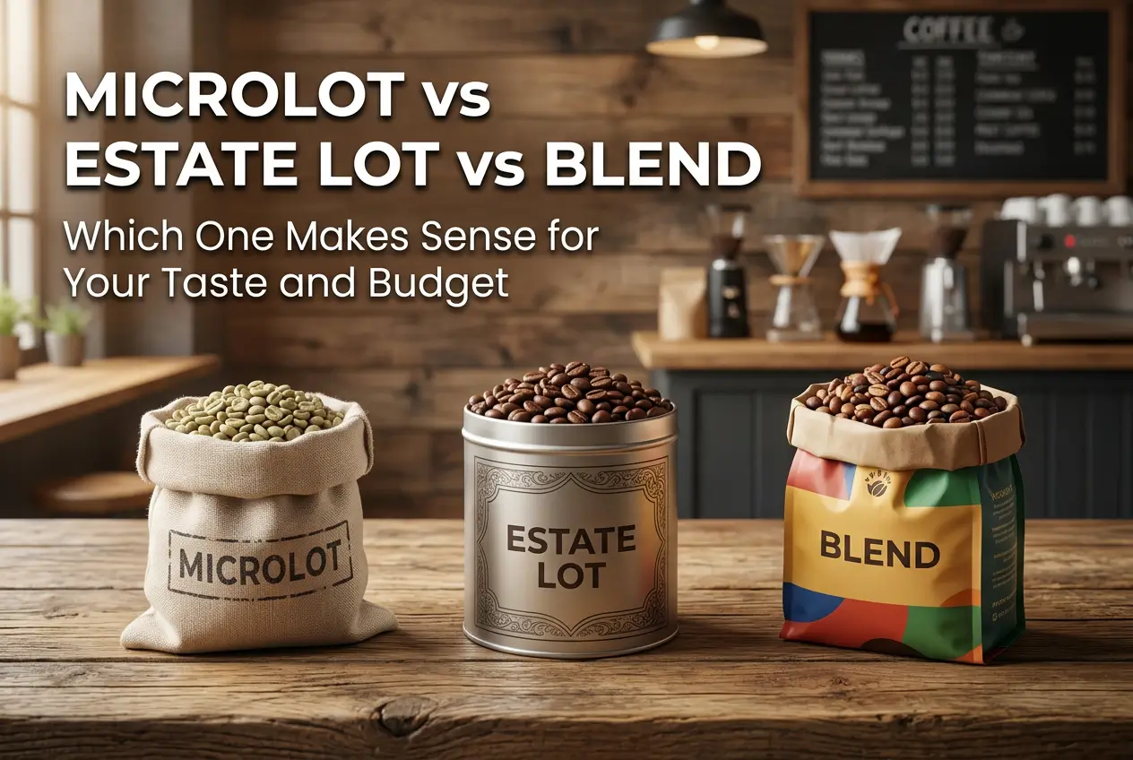 Grãos de café em um saco, lata e bolsa em uma cafeteria