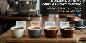 Quatro xícaras de café em degustação com foco em educação financeira