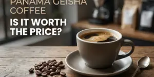 Cena acolhedora com café e grãos em mesa rústica, texto 'Panama Geisha Coffee, vale o preço?'
