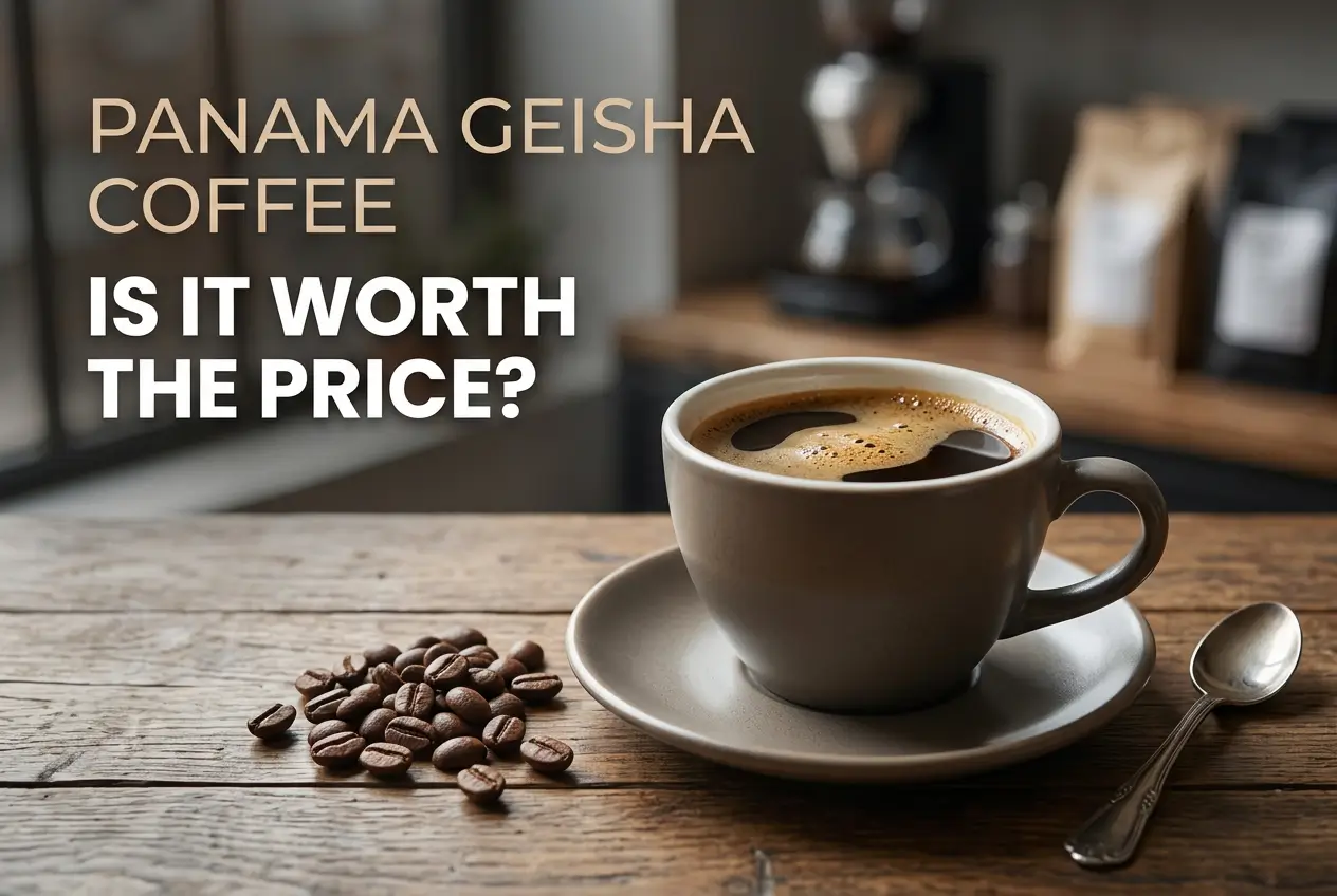Cena acolhedora com café e grãos em mesa rústica, texto 'Panama Geisha Coffee, vale o preço?'