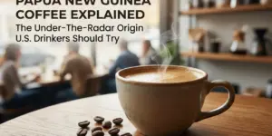 Cena de café quente e acolhedor com xícara de cerâmica e grãos