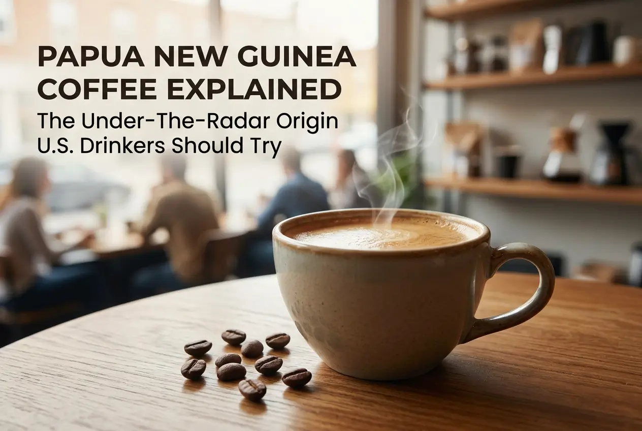 Cena de café quente e acolhedor com xícara de cerâmica e grãos