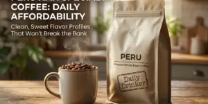 Cena de café peruano em uma cozinha aconchegante com grãos de café no vapor