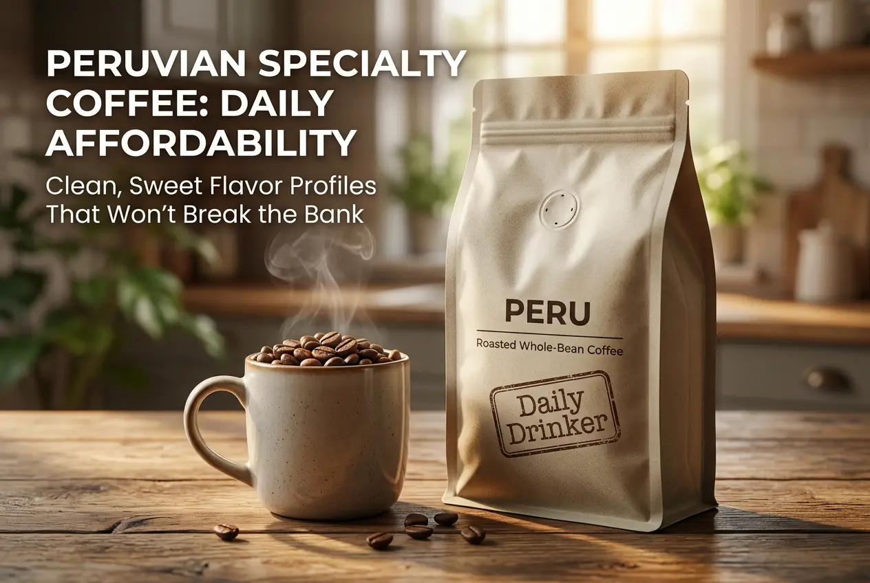 Cena de café peruano em uma cozinha aconchegante com grãos de café no vapor