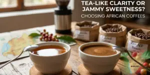 Café Rwandan e Burundian na mesa com luz natural