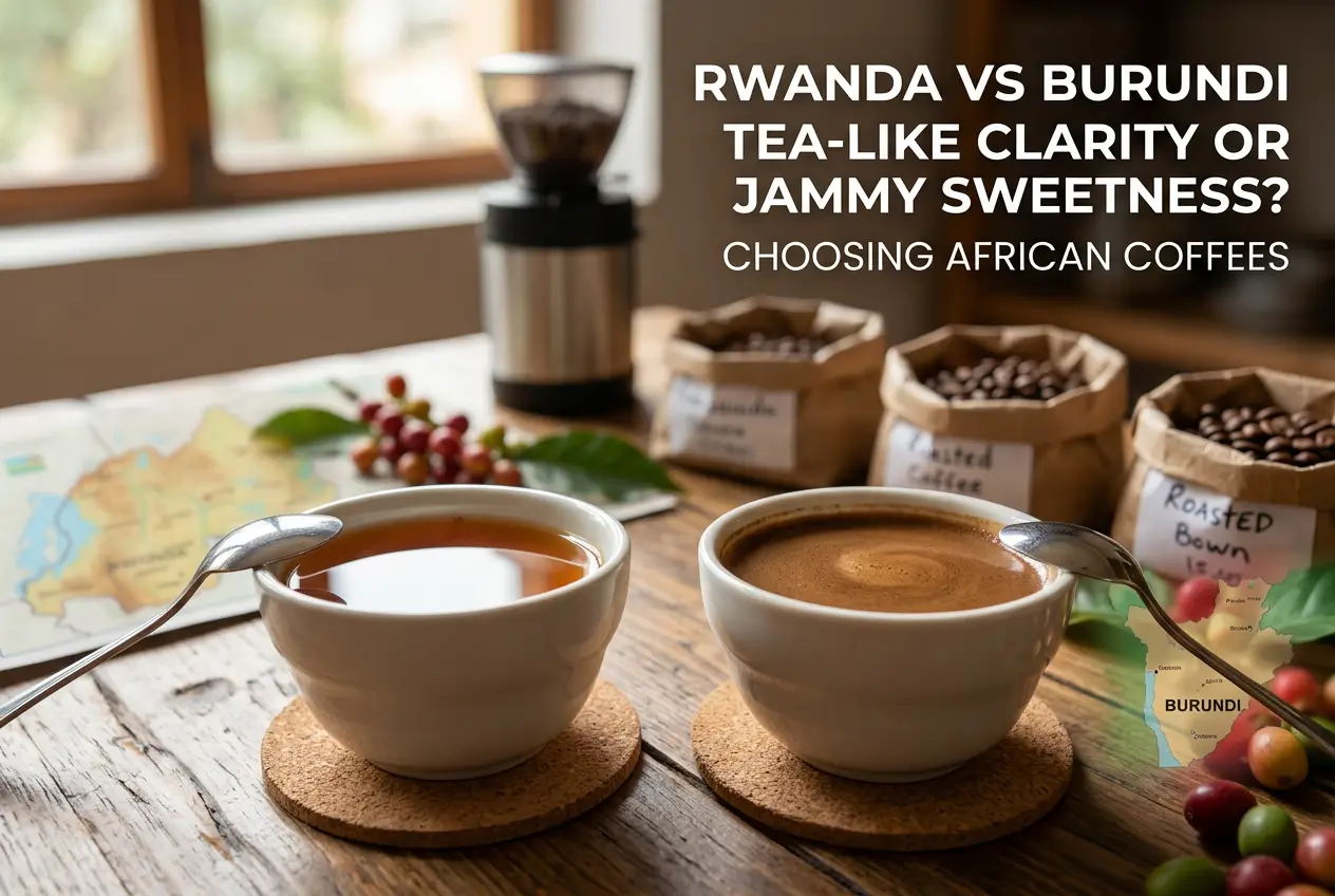 Café Rwandan e Burundian na mesa com luz natural