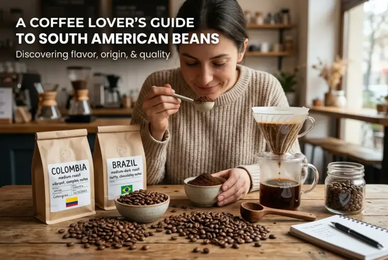 Mulher segurando café com sacos 'Colombia' e 'Brazil'