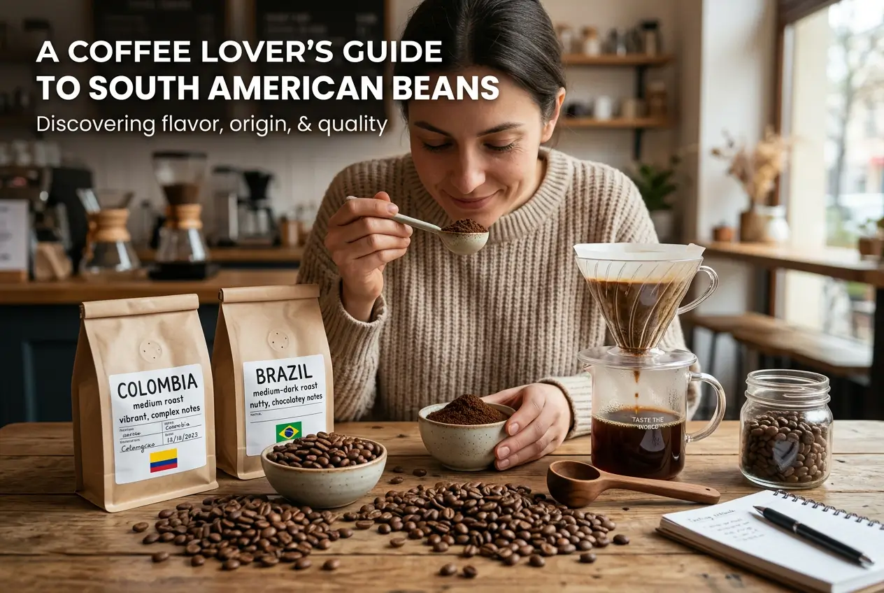 Mulher segurando café com sacos 'Colombia' e 'Brazil'