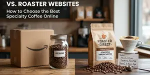Comparação entre cafés da Amazon e Roaster Direct sobre mesa de madeira