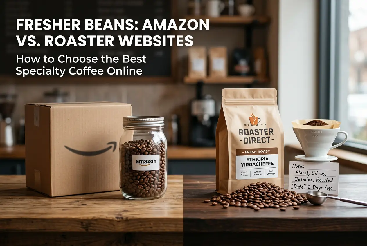 Comparação entre cafés da Amazon e Roaster Direct sobre mesa de madeira