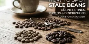 Mesa com grãos de café crus e torrados, guia para entusiastas