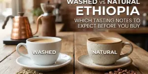 Café lavado e natural etíope 2026 em xícaras, grãos ao lado