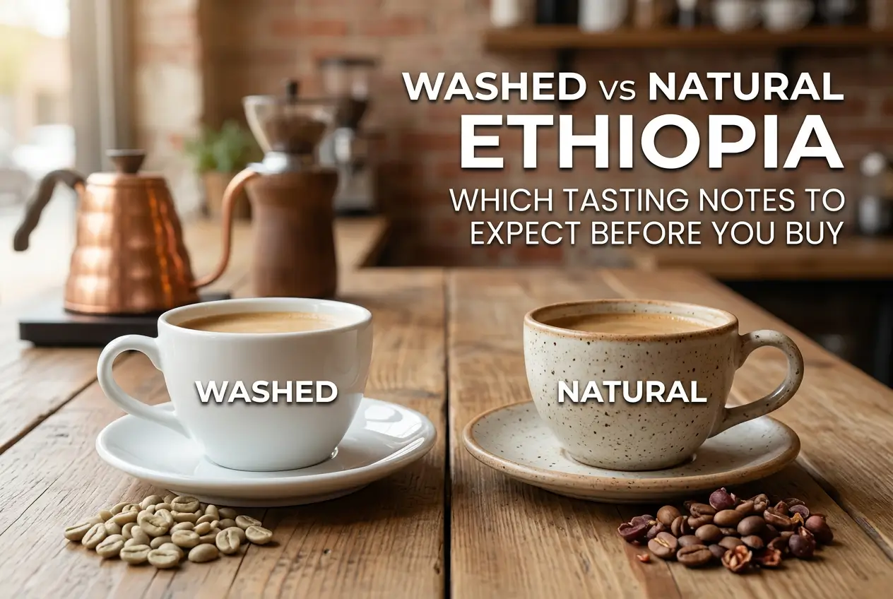 Café lavado e natural etíope 2026 em xícaras, grãos ao lado