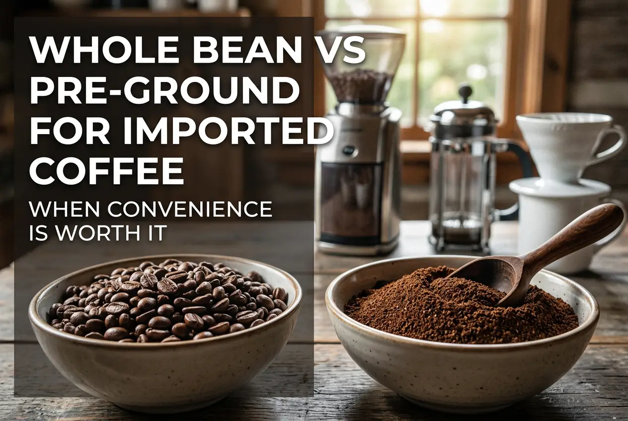 Cena de preparo de café: grãos inteiros e moídos com cafeteira e prensa francesa.