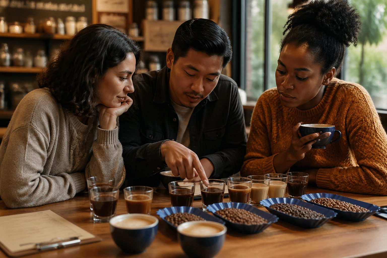 Three adults tasting coffee and discussing its benefits in a cozy café setting