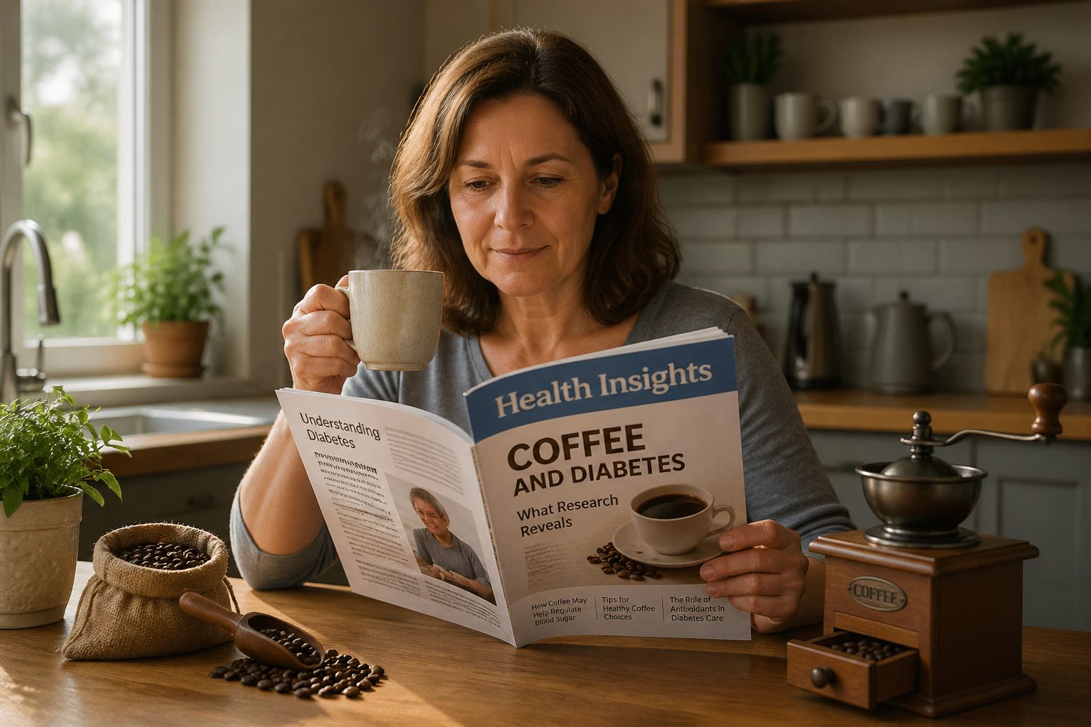 A woman holding a cup of coffee and reading a health magazine about coffee and diabetes in a cozy kitchen.