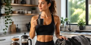 A young woman in athletic wear holding a cup of coffee in a bright kitchen, preparing for a workout.