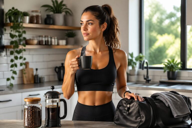 A young woman in athletic wear holding a cup of coffee in a bright kitchen, preparing for a workout.