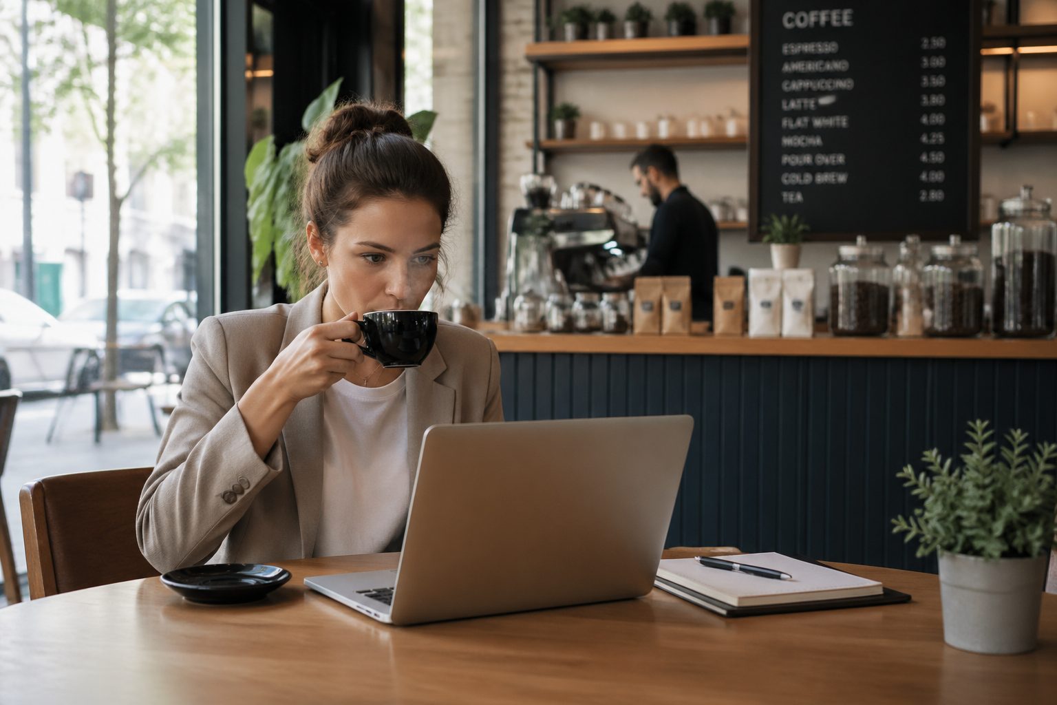 A young woman enjoying coffee while working on her laptop in a bright coffee shop