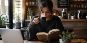 A young woman in a coffee shop sipping coffee while reading a book, showing concentration.