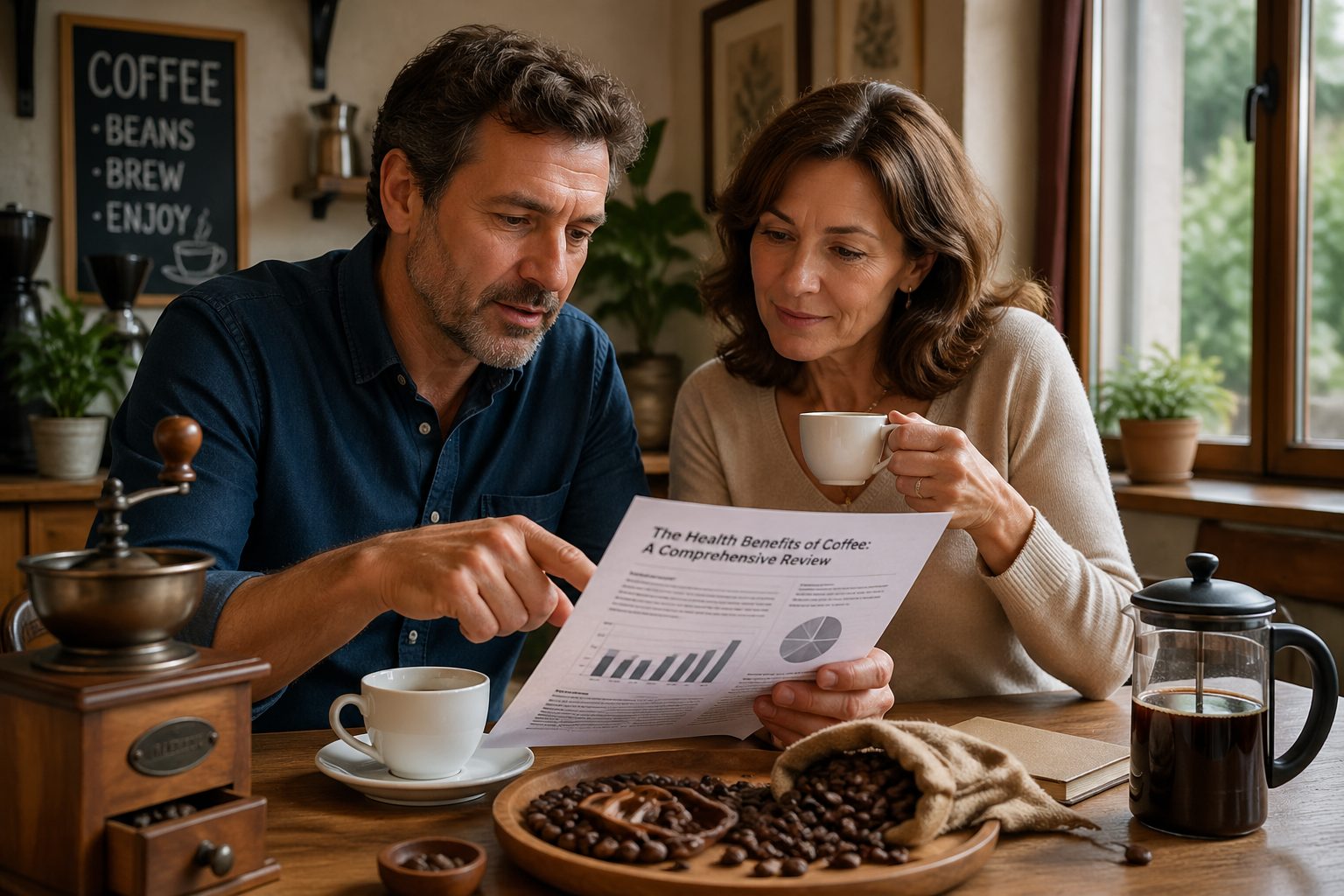A man and woman discussing coffee health benefits at a cafe, with coffee cups and a research paper on the table.