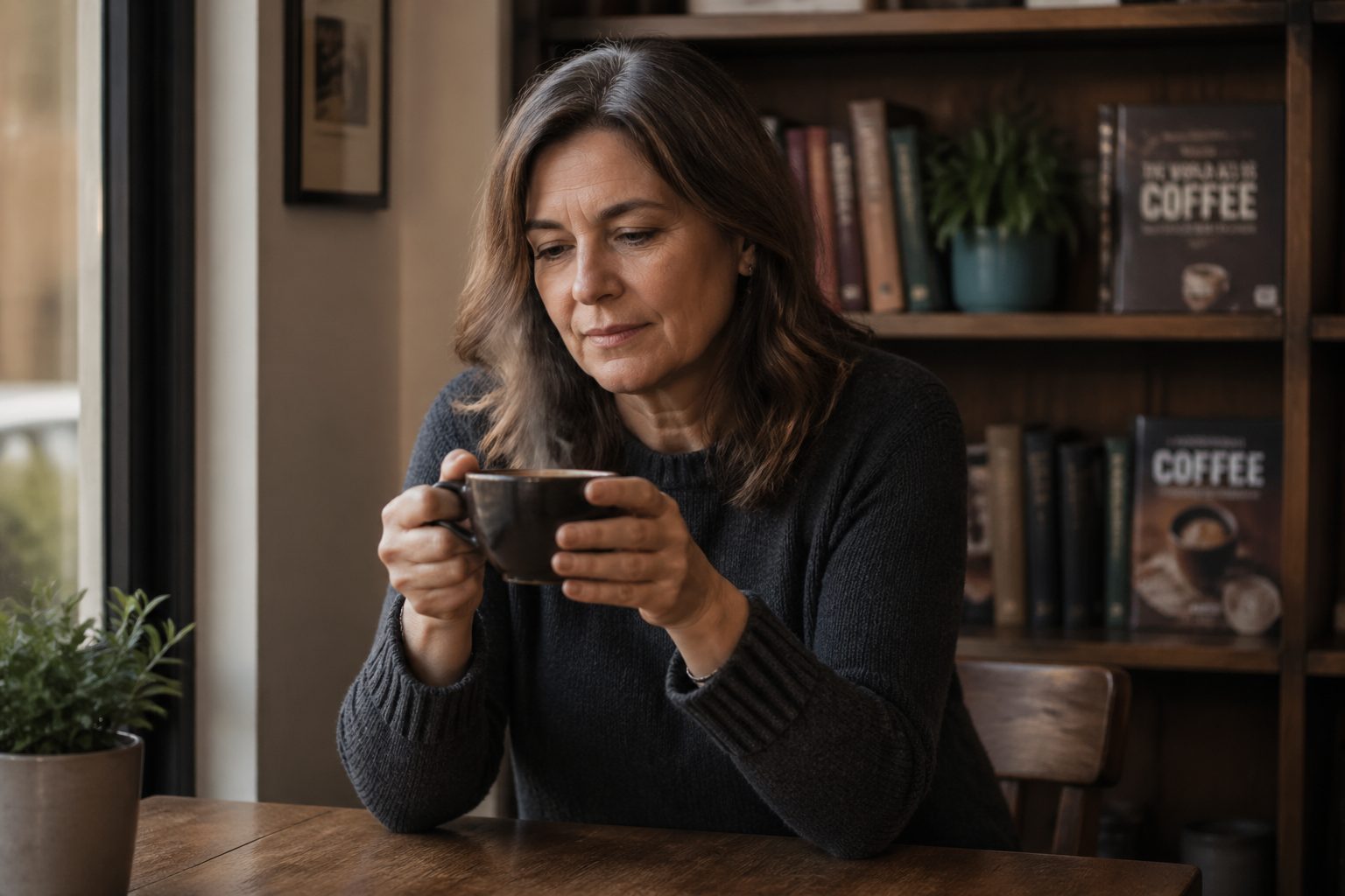 A woman holding a cup of coffee in a café, contemplating its effects on liver health.