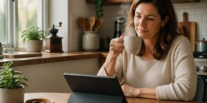 A woman enjoying coffee at her kitchen table while reading about coffee's health benefits on a tablet