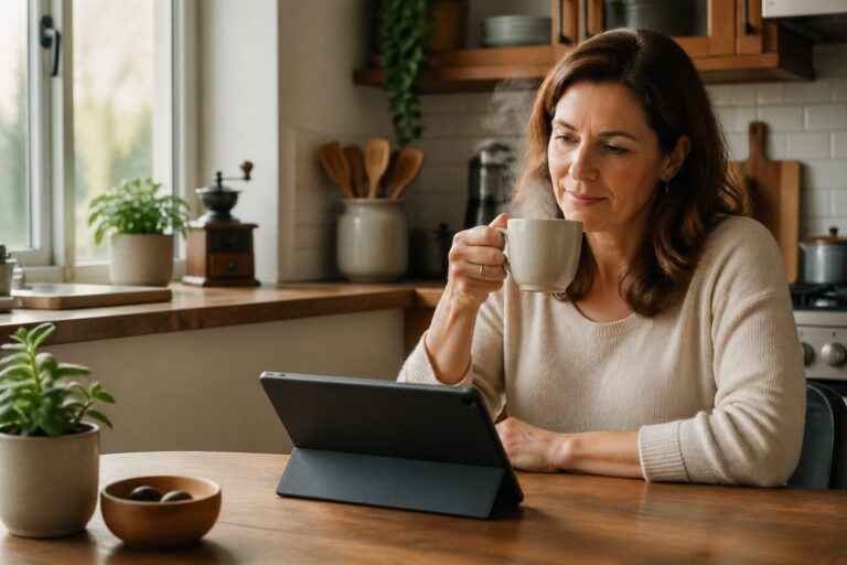 A woman enjoying coffee at her kitchen table while reading about coffee's health benefits on a tablet