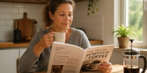 A woman enjoying coffee at a kitchen table while reading about coffee's health benefits