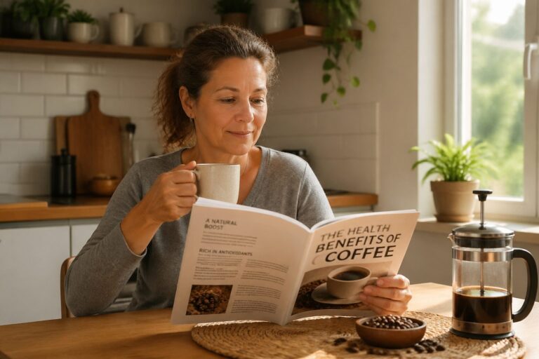 A woman enjoying coffee at a kitchen table while reading about coffee's health benefits