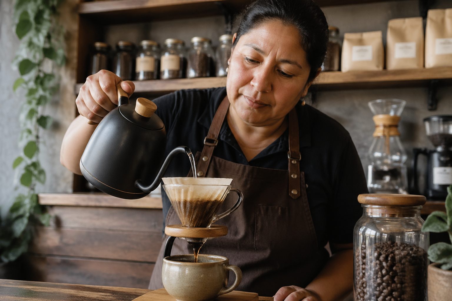 An Ecuadorian woman brewing specialty coffee in a café