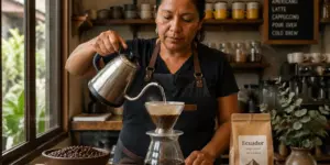 A woman brewing Ecuadorian specialty coffee in a café, focused on her task with coffee beans nearby.