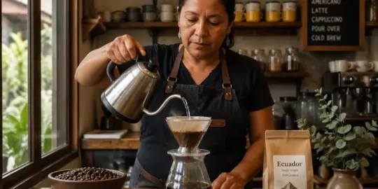 A woman brewing Ecuadorian specialty coffee in a café, focused on her task with coffee beans nearby.