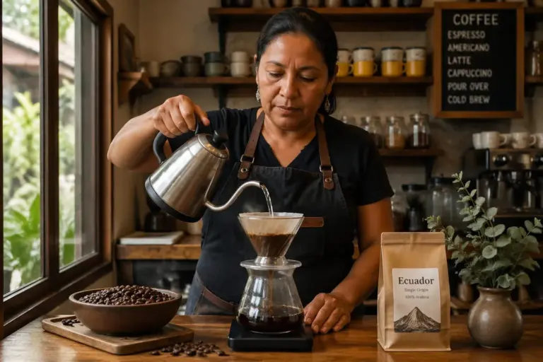 A woman brewing Ecuadorian specialty coffee in a café, focused on her task with coffee beans nearby.