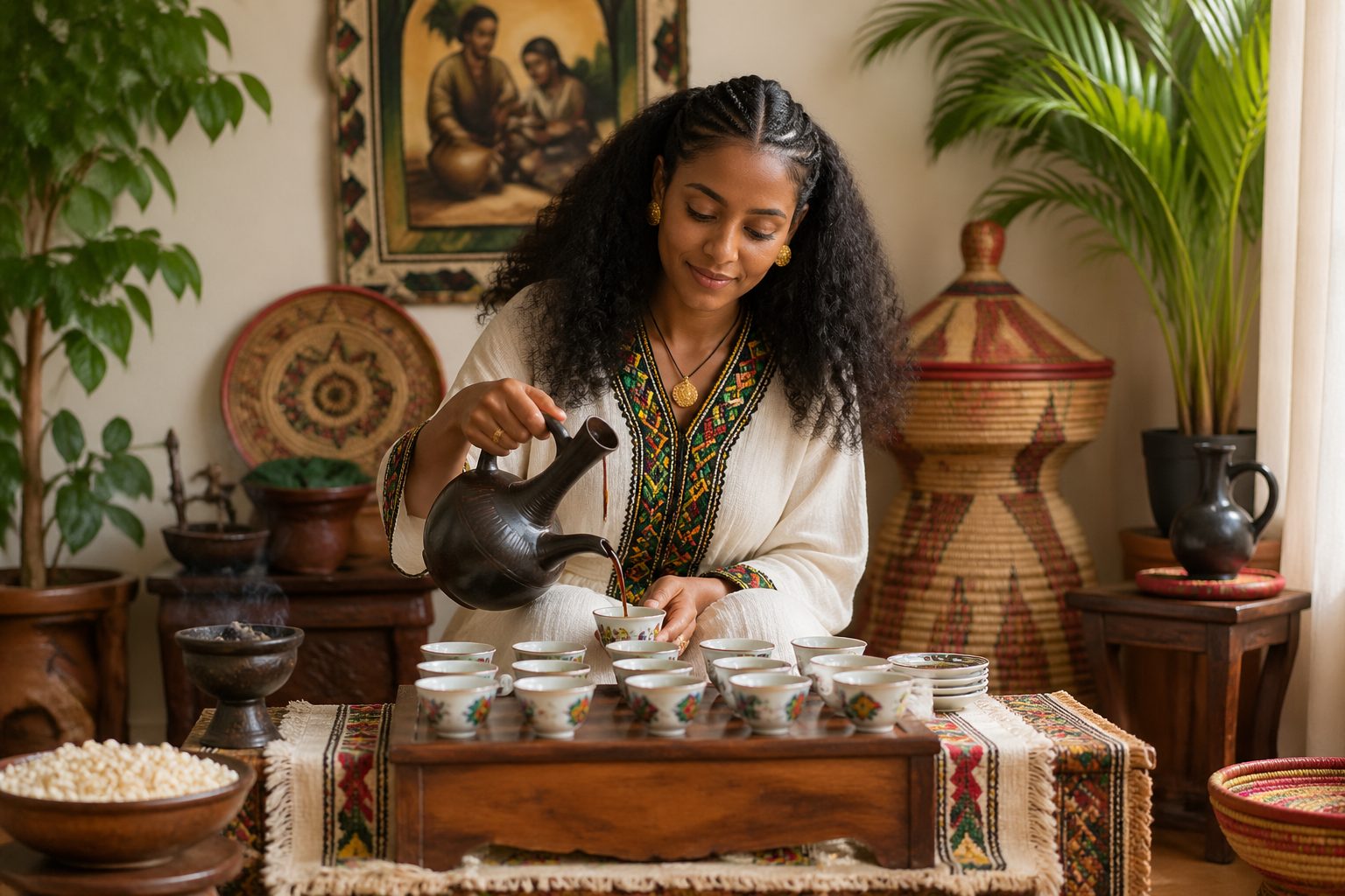 A woman performing the Ethiopian coffee ceremony, pouring coffee into a cup at a low wooden table with traditional artifacts in the background.