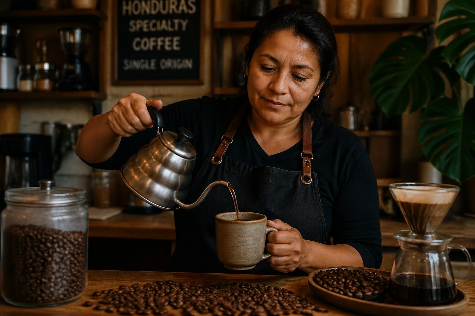 A barista brewing Honduras specialty coffee in a café, pouring coffee into a cup.