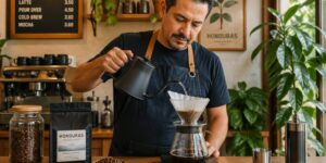 A barista brewing Honduras specialty coffee in a modern café