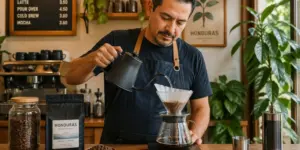 A barista brewing Honduras specialty coffee in a modern café