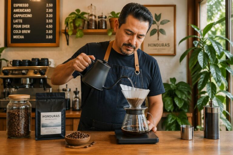A barista brewing Honduras specialty coffee in a modern café