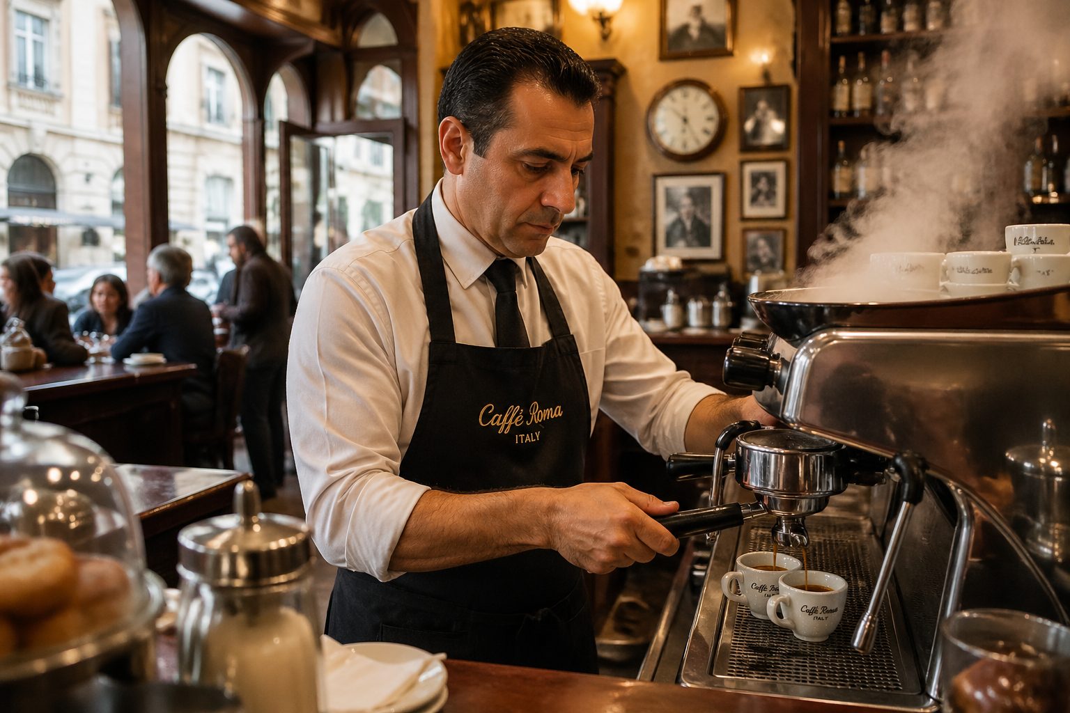 An Italian barista preparing espresso in a lively café, showcasing the coffee culture and rituals.